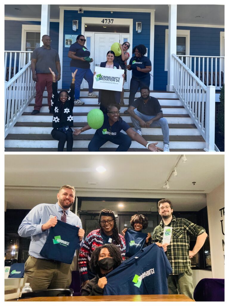 Two groups of people wearing or holding Community Mediation DC tee shirts